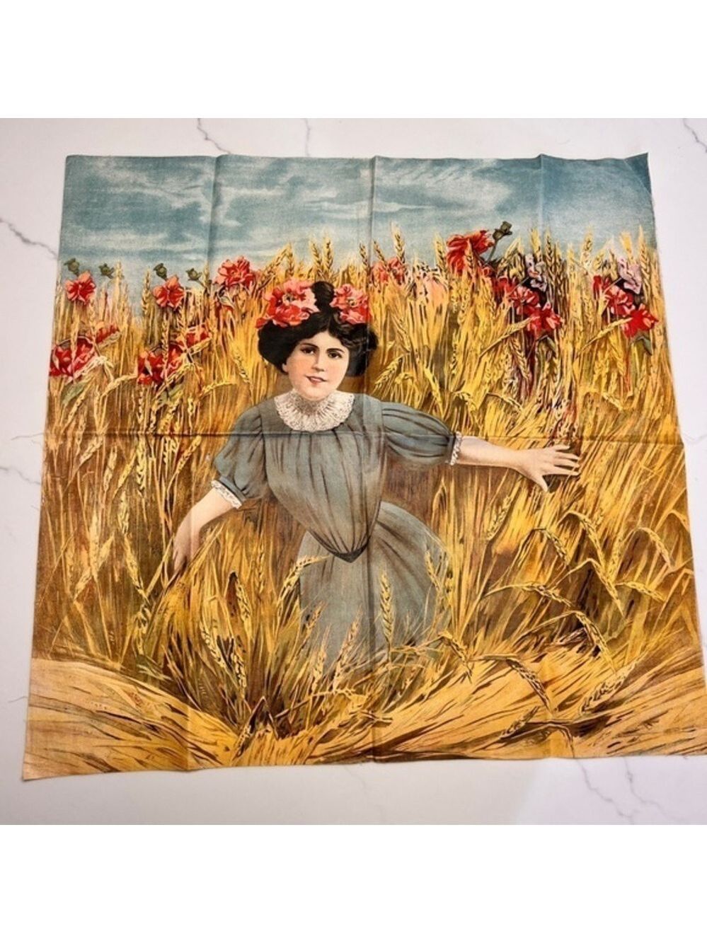 Vintage Girl in Wheat field with Poppies Printed Canvas - Picture 1 of 5